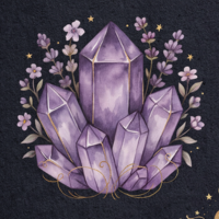 Watercolor amethyst crystal cluster illustration with lavender and purple flowers on navy background