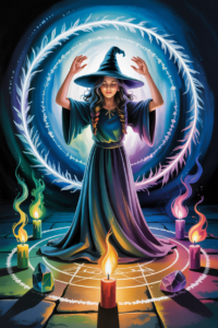 A witch stands in a magic circle surrounded by candles and crystals.