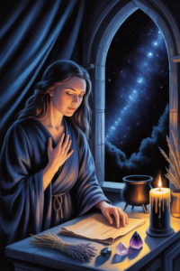 A witch at her altar on a new moon