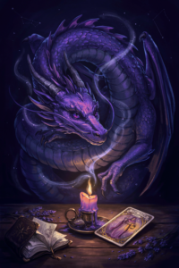 Purple dragon behind a candle and tarot card.