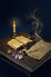 An altar with candle, journal, and sigil working