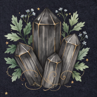Watercolor black tourmaline crystal illustration with sage leaves on navy background