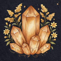 Watercolor citrine crystal cluster illustration with yellow wildflowers on navy background