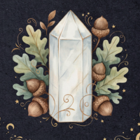 Watercolor clear quartz point illustration with oak leaves and acorns on navy background