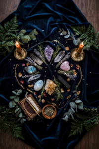 Crystals, dried herbs, brass candlesticks, and an open journal arranged on navy velvet altar cloth