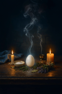 Altar with an egg, candles and salt for a cleansing ritual