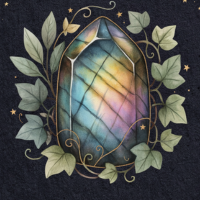 Watercolor labradorite illustration with ivy leaves on navy background