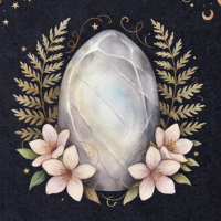 Watercolor moonstone illustration with ferns and white flowers on navy background