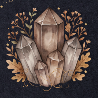 Watercolor smoky quartz crystal cluster illustration with autumn oak leaves on navy background